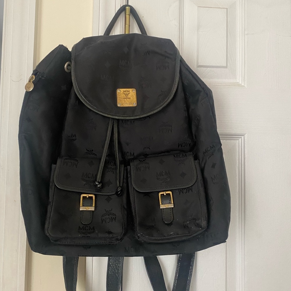 Mcm Monogram Canvas Drawstring Backpack With Gold… - image 1